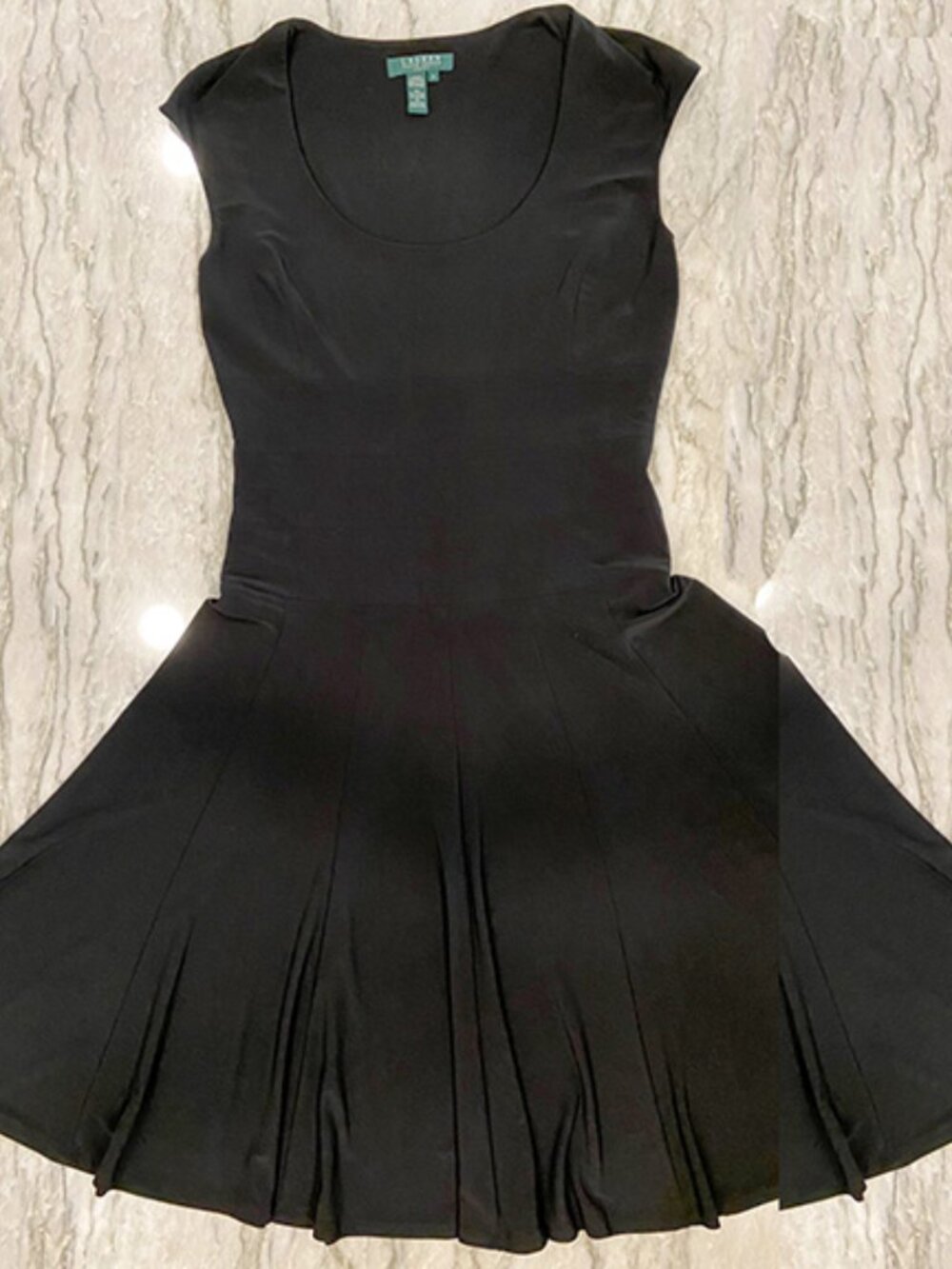 Lauren: Black dress with scoop neck, full skirt, Sz 6, stretchy